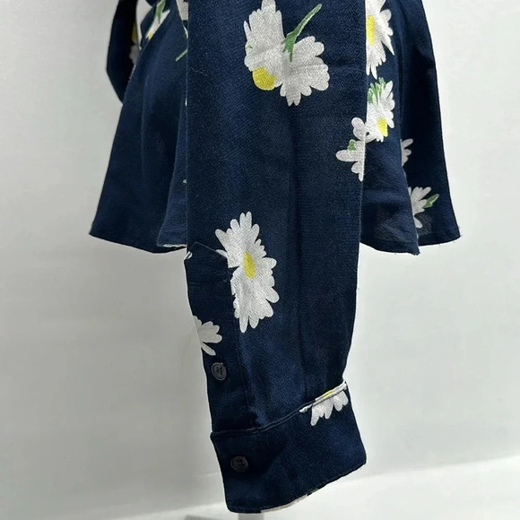Ganni Blouse Wrap Top Long Sleeve Shirt V-Neck Floral Daisy Navy Blue Size US XS - Picture 4 of 13